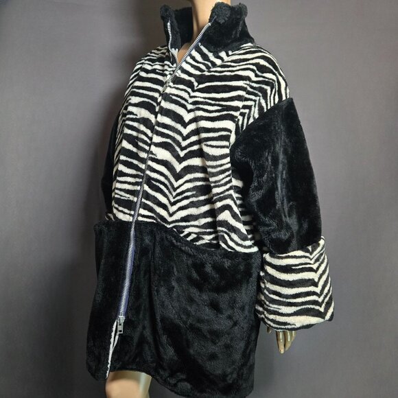 Vintage 80s Faux Fur Coat Black Zebra Print Size L Oversized Gender Neutral - Picture 7 of 16